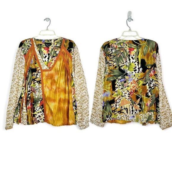 Lynn Ritchie 100% Silk Mixed Media Print Long Sleeve Blouse Top Large Boho - Picture 1 of 13